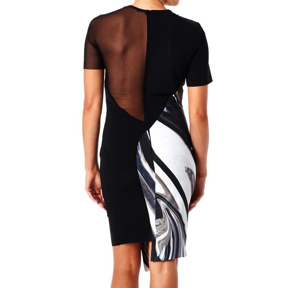 NWT Bec & Bridge Oil Slick Neoprene Print Mesh Panel Asymmetrical Dress - Picture 4 of 11
